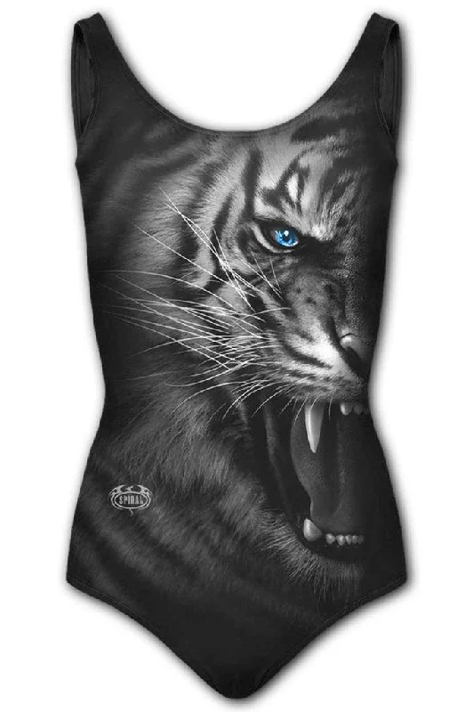 Tiger Wrap - Allover Scoop Back Padded Swimsuit Sporty Swim Shorts