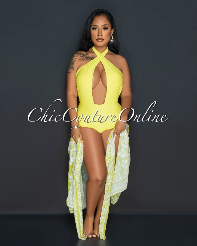 Jaime Yellow Halter Swimsuit & Green Cover Up Set Plunge Neckline Swimsuit