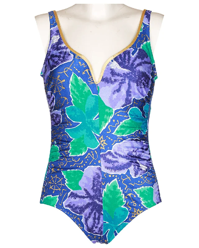 80s Patterned One Piece Swimsuit - L Bold High-Cut Bikini