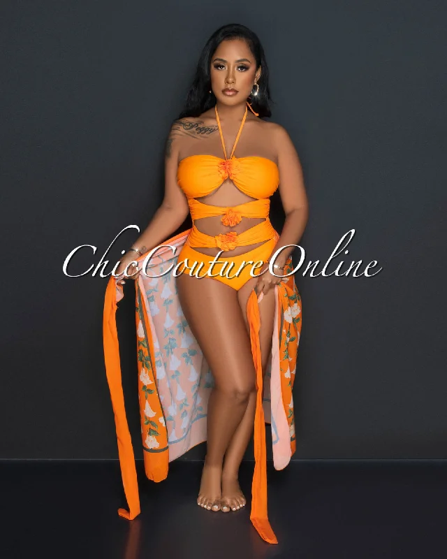 Shea Orange Flower Cut-Out Swimsuit & Cover Up Set Tie-Back Swimwear