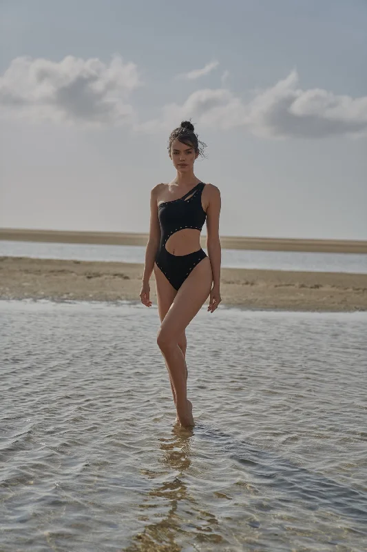 One Shoulder Laser Cut Swimsuit Plus-Size Bikini Set