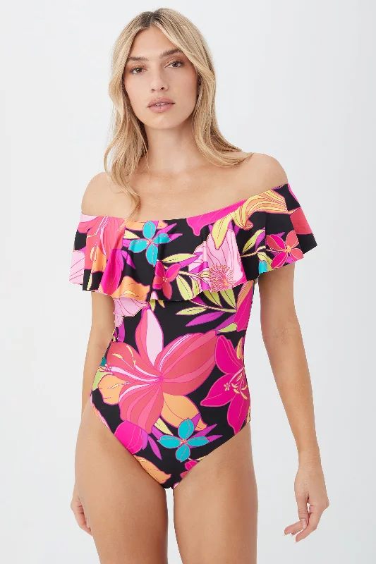 Women's Solar Floral Off The Shoulder Ruffle One Piece Swimsuit Shiny One-Piece Swimsuit