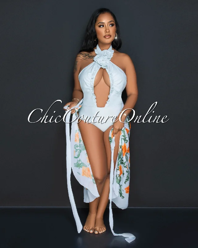 Kristin Baby Blue Rose Halter Swimsuit & Cover Up Set Timeless Black Bikini
