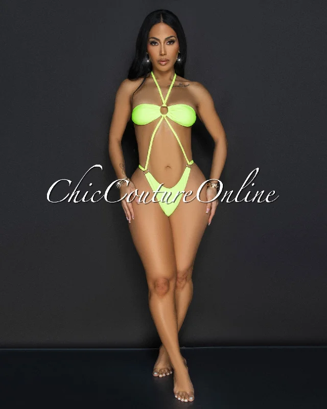 Soukena Lime One Piece Halter Swimsuit Floral Print Swimsuit