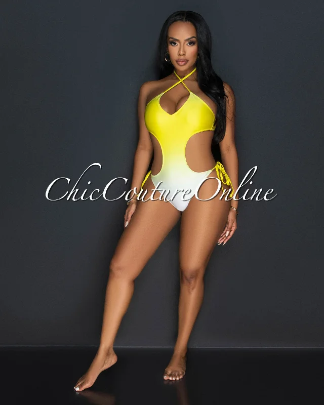 Nona Yellow Ombre Halter Strappy One Piece Swimsuit Lace-Detail Bikini Set