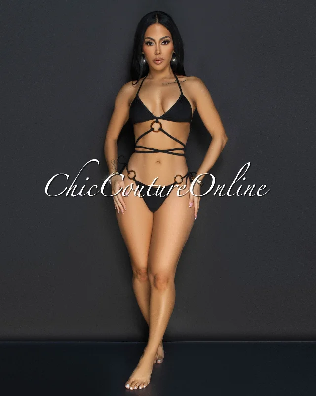 Yunis Black Strappy Two Piece Swimsuit Reversible Bikini Set