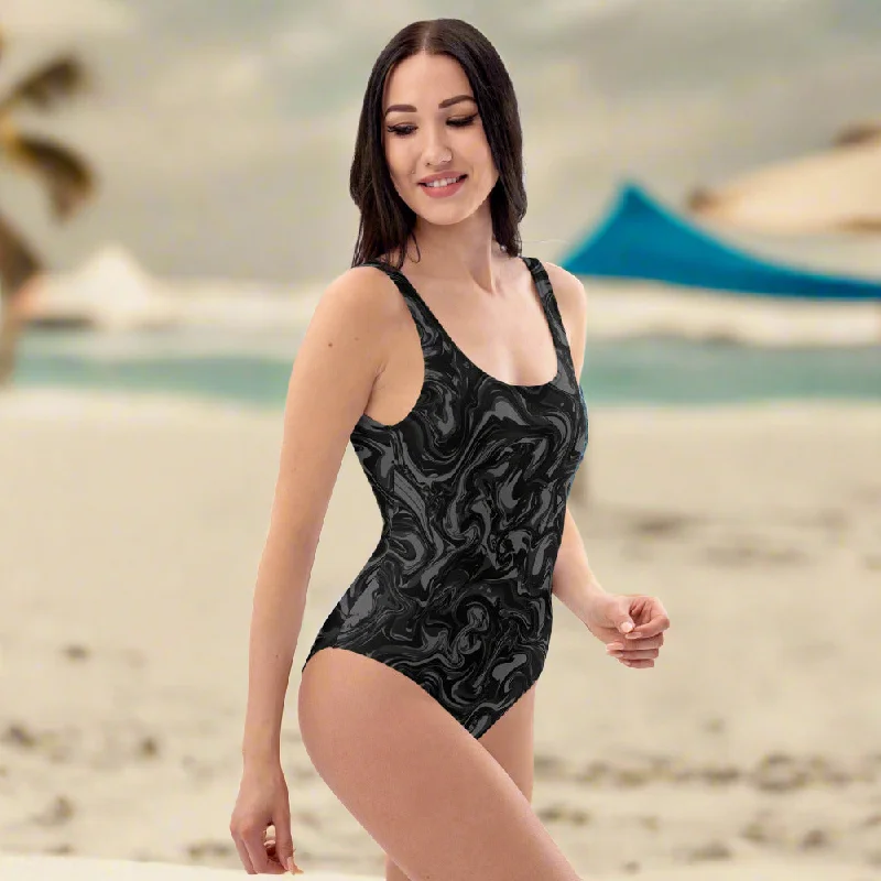 Black Marble Print Women's Swimwear, Best Abstract Graphic Printed One-Piece Ladies Swimsuit-Made in USA/EU/MX Classic Monokini Design