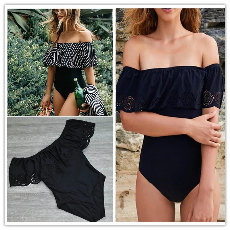 2017 New Sexy Off The Shoulder Solid Swimwear Women One Piece Swimsuit Female Bathing Suit Ruffle Monokini Swim Wear XL Strappy Back Bikini