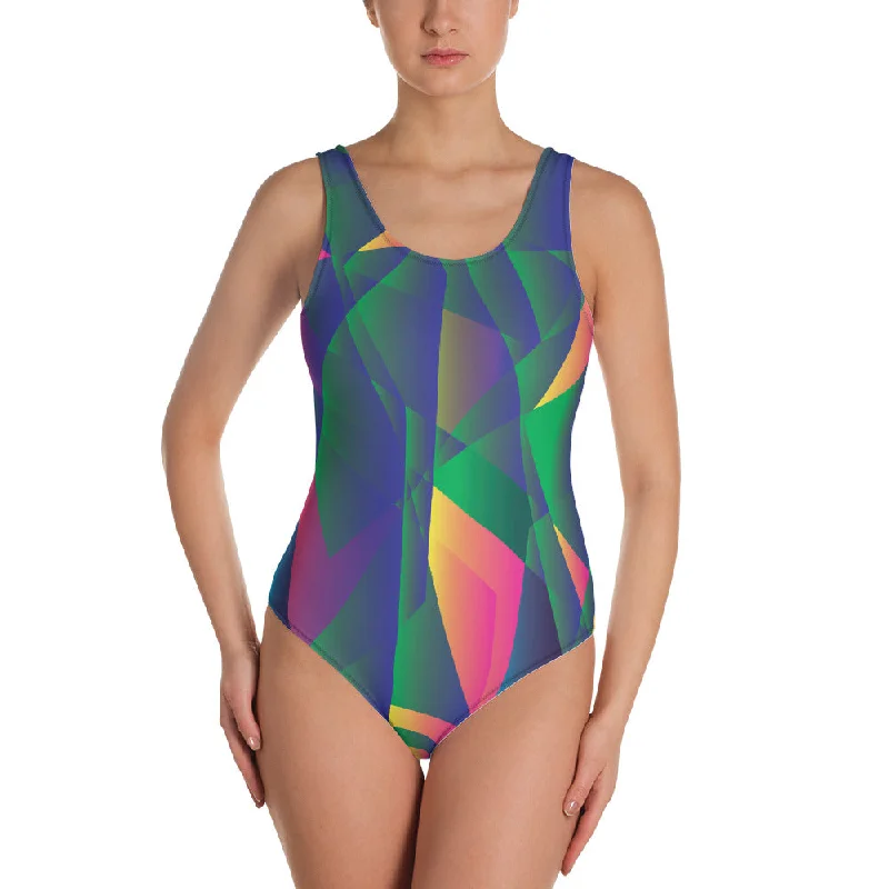 Blue Geometric Women's Swimwear, Diamond Print Cheeky Fit One-Piece Best Swimsuit Comfortable Swim Shorts