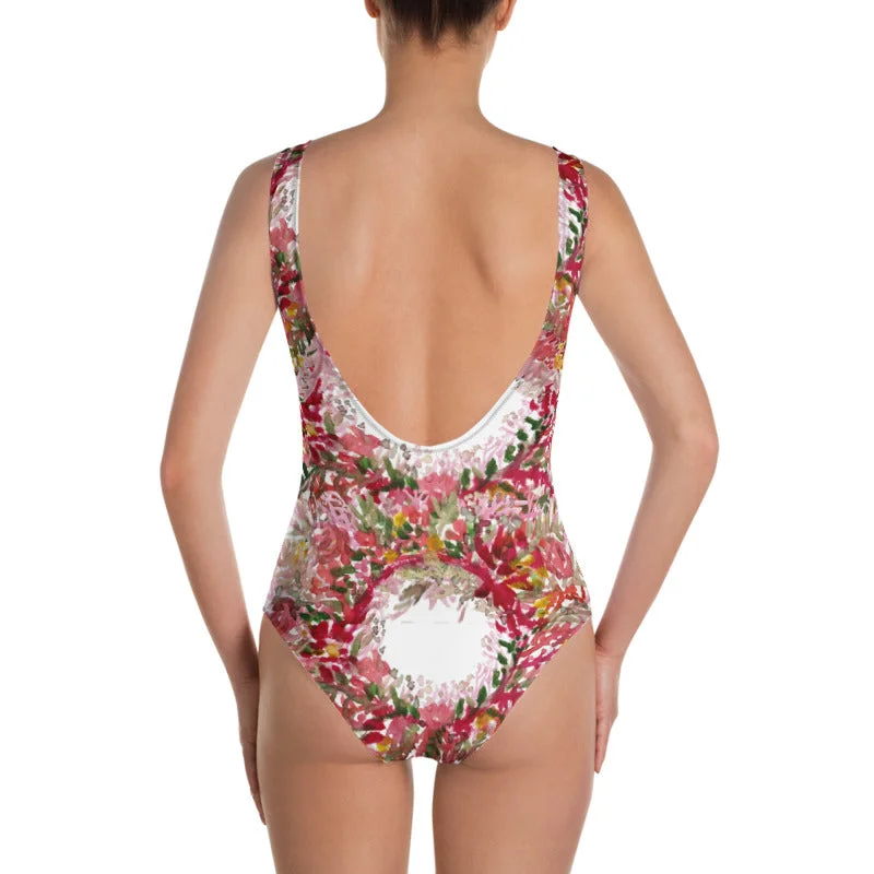 Red Floral Women's Swimwear, One-Piece Floral Print Luxury Swimsuit- Made in USA/EU Strappy Back Bikini
