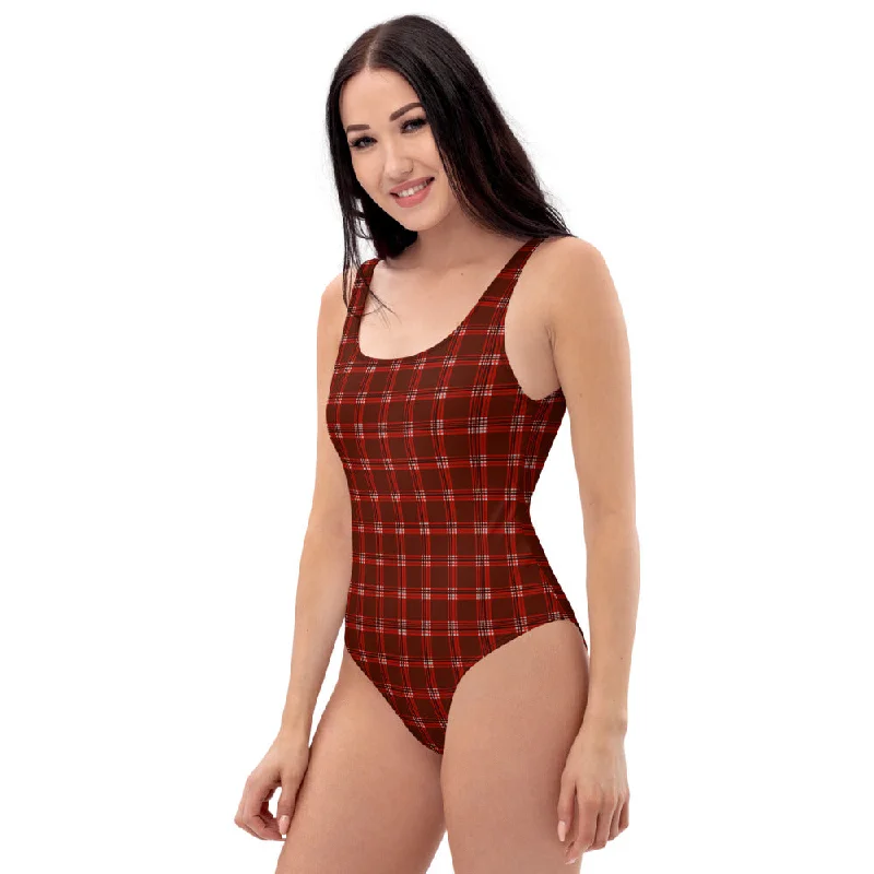 Red Plaid Print Women's Swimwear, Classic Designer One-Piece Swimsuit-Made in USA/EU Halter Neck Swimsuit