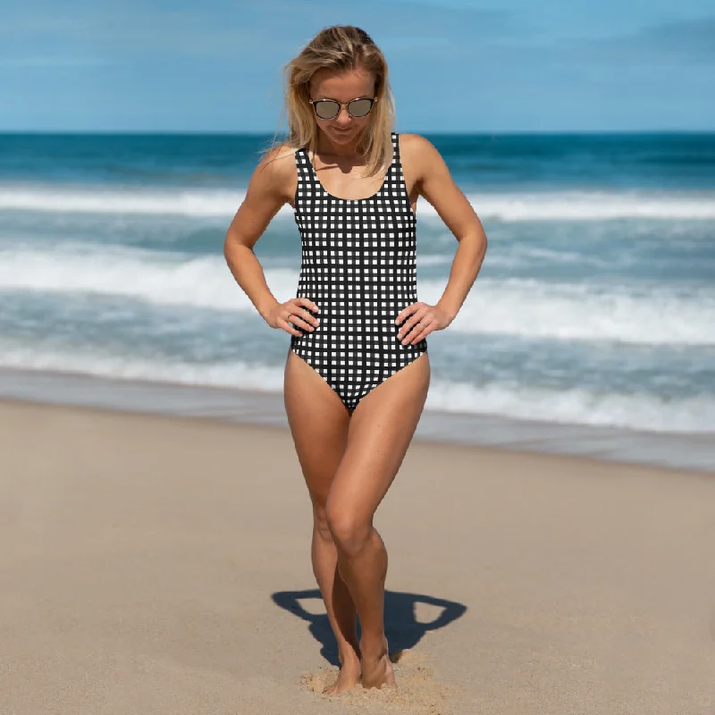 Black Buffalo Plaid Women's Swimsuit, Plaid Print Designer Classic Luxury 1-Piece Swimwear-Made in USA/EU Stylish Cover-Up Set