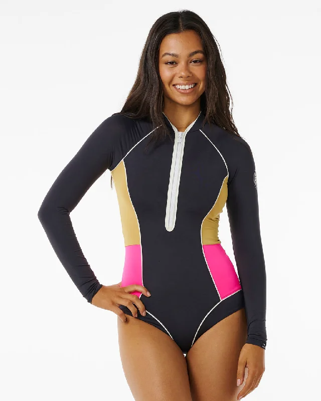 Hibiscus Heat Splice UPF One Piece Swimsuit in Washed Black Vintage Swimwear Look