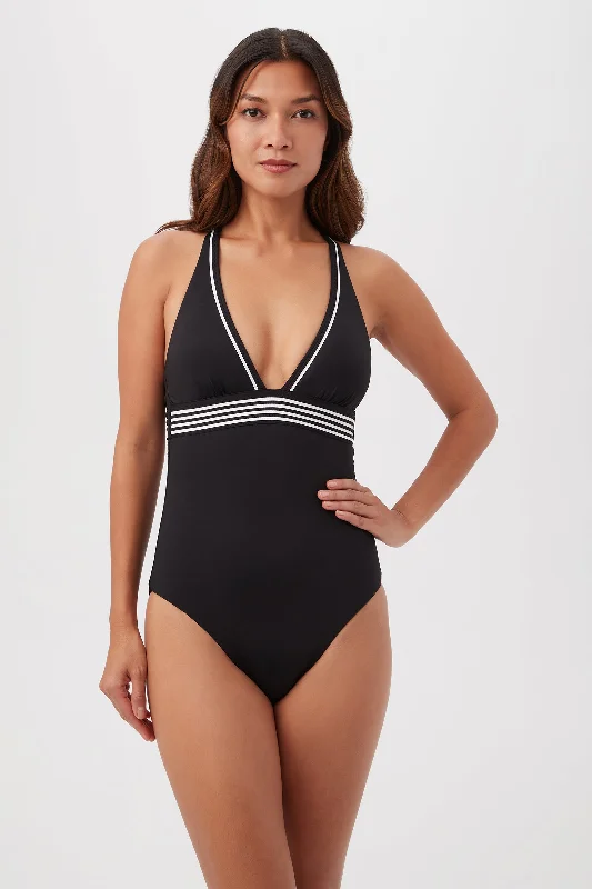 Monaco Pleated Plunge One-Piece Swimsuit - Black/White Mesh Swimsuit Top