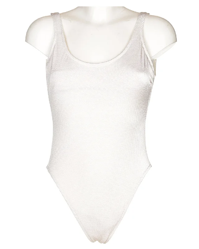 80's Cream Waffle Swimsuit - L Fun Pattern Swimsuit