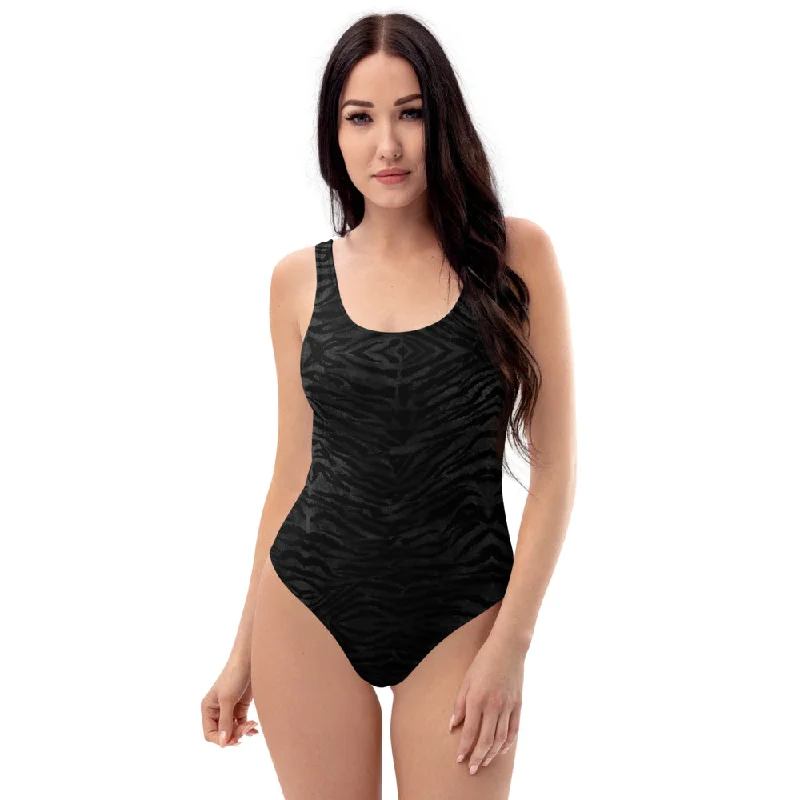 Black Tiger Striped Swimwear, Animal Print Women's One-Piece Swimsuit-Made in USA/EU Chic Swimsuit Cover-Up