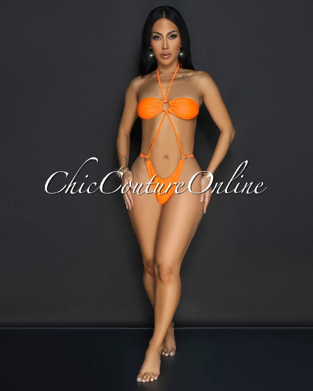 Soukena Orange One Piece Halter Swimsuit Fun Pattern Swimsuit
