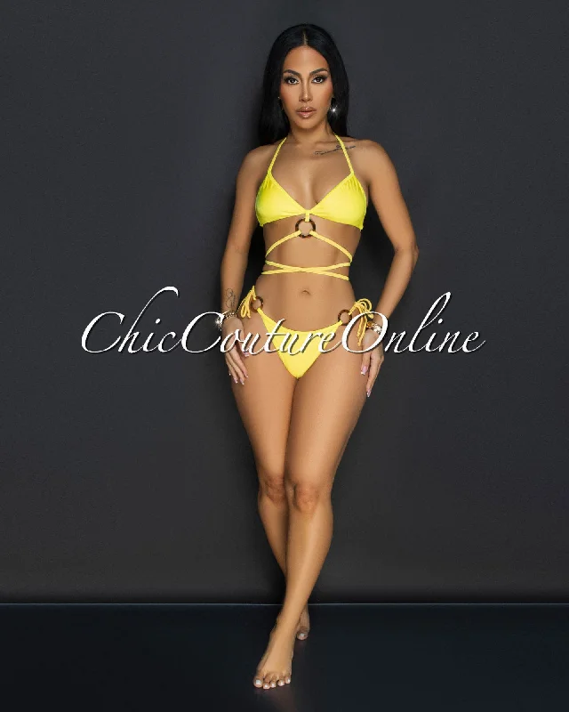 Yunis Yellow Strappy Two Piece Swimsuit Retro Swimwear Style