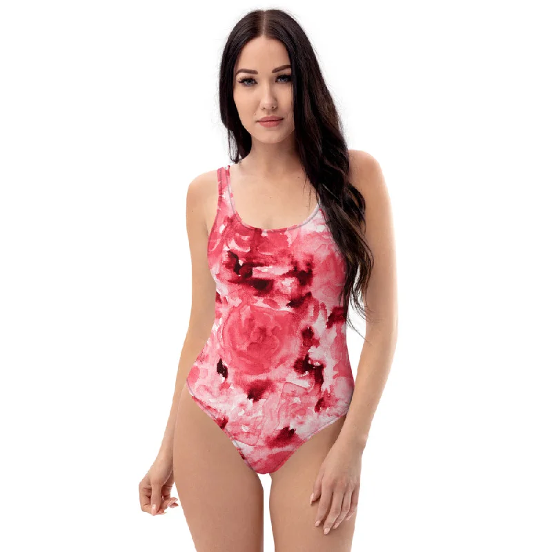 Red Abstract Women's Swimwear, Floral Rose Flower Print One-Piece Swimsuit-Made in USA/EU High-Waist Bikini Set