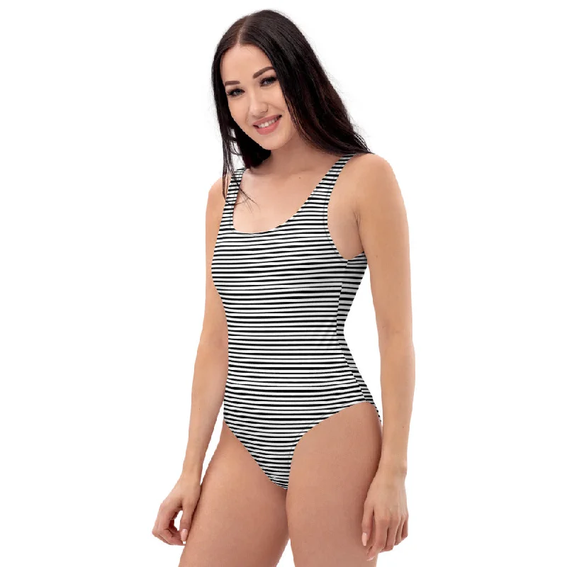 Black Horizontal Striped Swimwear, Women's One-Piece Modern Swimsuit-Made in USA/EU Crisscross Back Swimsuit