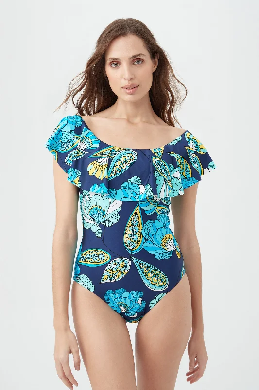 Women's Pirouette Off-The-Shoulder Ruffle One Piece Swimsuit Mesh Panel Swimwear
