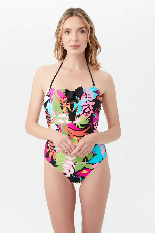 Women's Tiki Lace Up Strapless Bandeau One Piece Swimsuit Ruffled Swimsuit Top