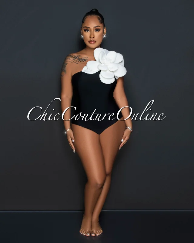 Suzette Black White Flower Statement Swimsuit Solid Color Swimsuit