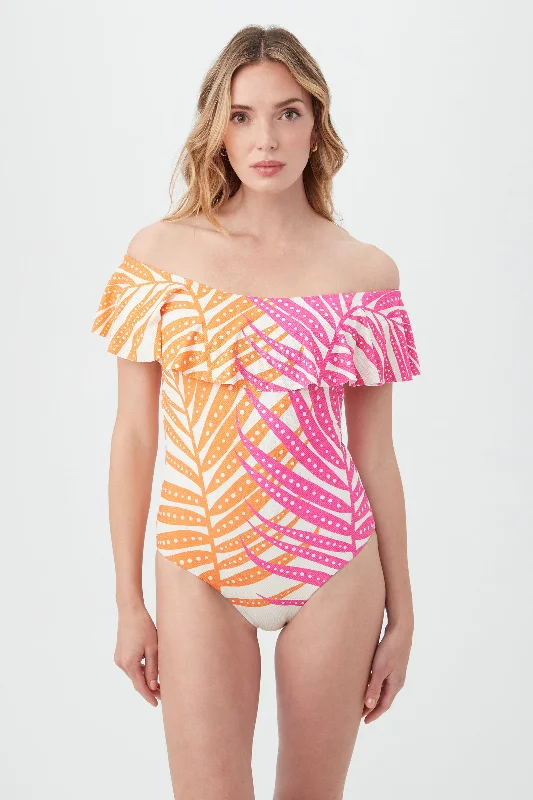 Women's Sheer Tropics Off The Shoulder Ruffle One Piece Swimsuit Chic Swimsuit Cover-Up