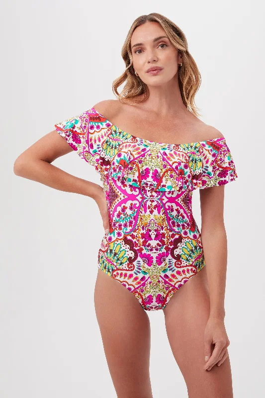 Hawaiian Garden Off-The-Shoulder Ruffle One Piece Swimsuit Halter Top Bikini