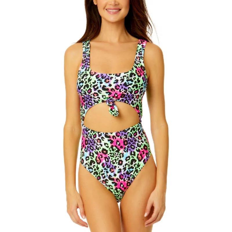 Womens Cut-Out Animal Print One-Piece Swimsuit Mesh Detail Bikini