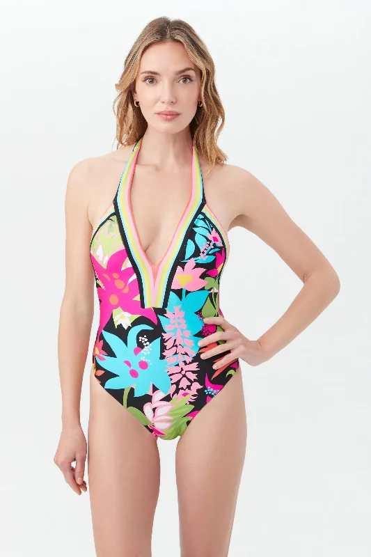 Women's Tiki Border Halter Plunge One Piece Swimsuit Two-Piece Beachwear