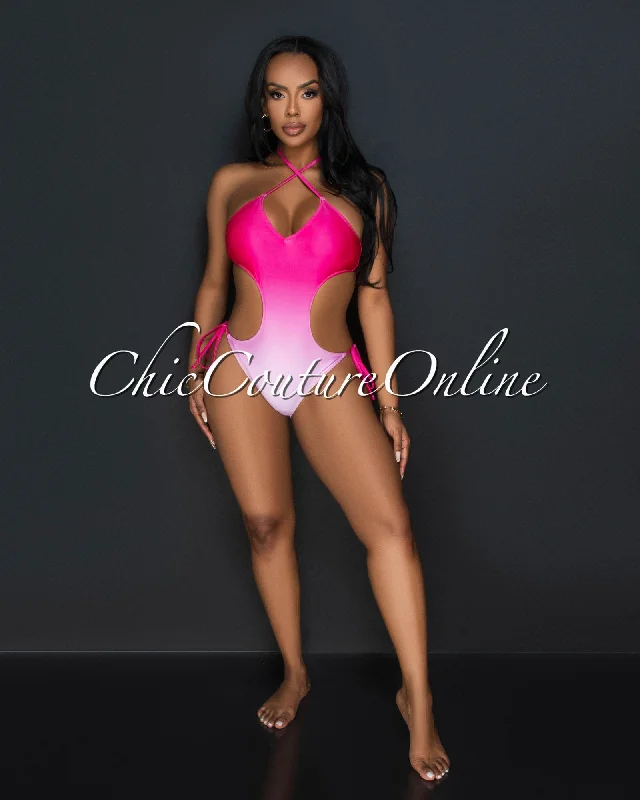 Nona Fuchsia Ombre Halter Strappy One Piece Swimsuit Bold Swimsuit Design