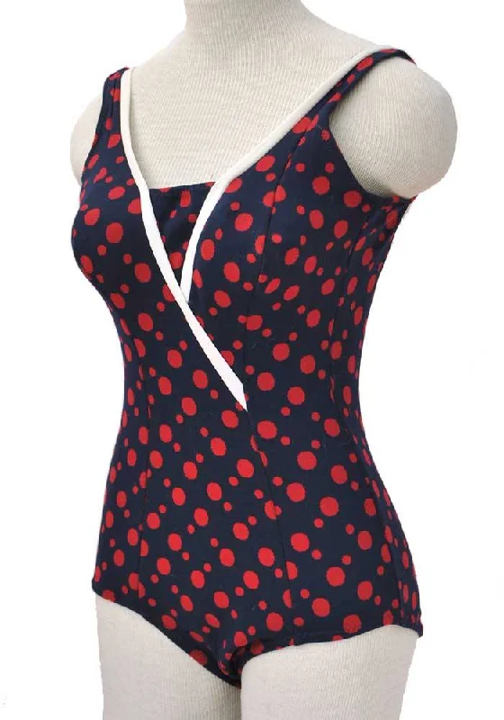 1950s  VIntage Navy Blue and Red Spotty Swimsuit • Swimming Costume Chic Beach Cover-Up