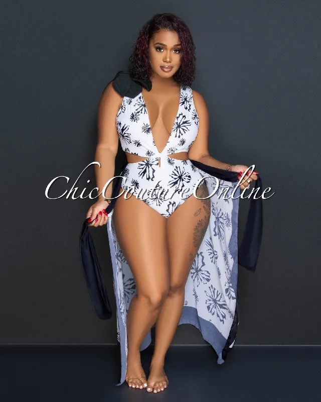 Irma White Black Print Cut-Out Swimsuit & Cover Up Set Strap Bikini Set