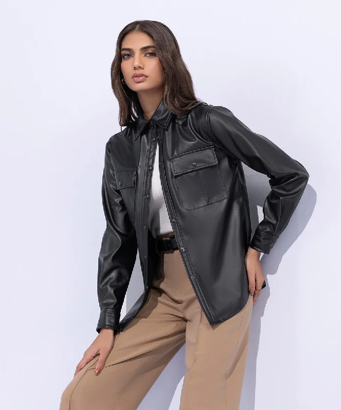 Faux Leather Overshirt-- Elasticated Padded Insulated