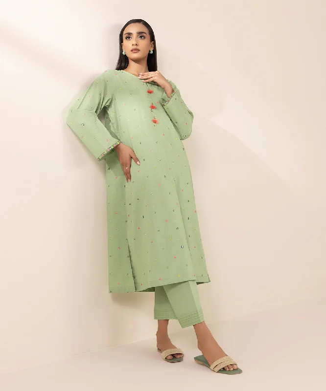 Embroidered Crosshatch Shirt-- Collared T-Shirt Boat Neck A-Line
