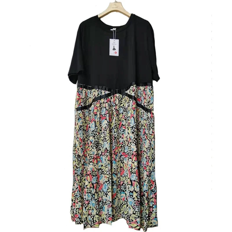 Wjczt 2022 Summer Plus Size 5XL Women's Dress Short Sleeve T-Shirt Dress Print Patchwork Pleated Robe Fake Two Piece Dress KE1062-- Polka Dot Checkered Tartan
