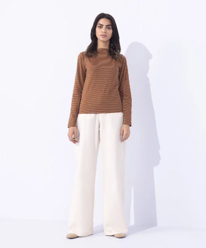 Slash Neck Striped T-Shirt-- Mesh Blend Leather Blend Suede Blend