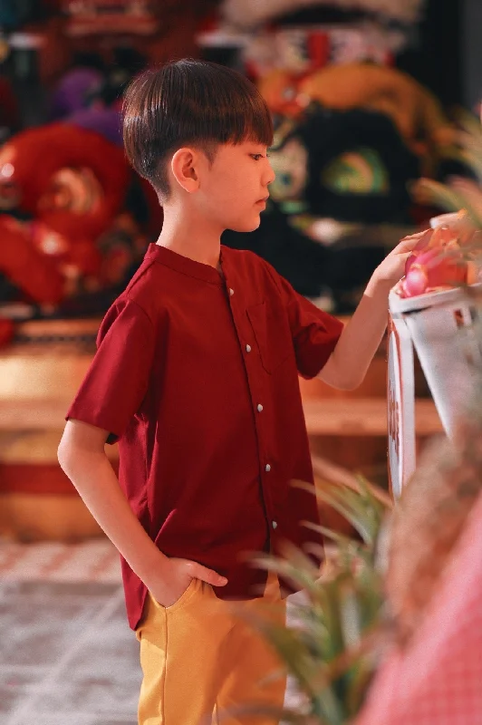 The Chinatown Mandarin Shirt - Maroon-- Print Jacquard Patchwork