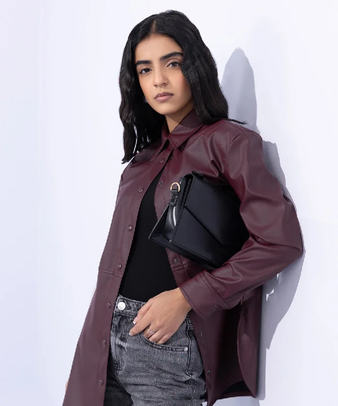 Loose Fit Faux Leather Overshirt-- Hooded Caped Shawl Collar