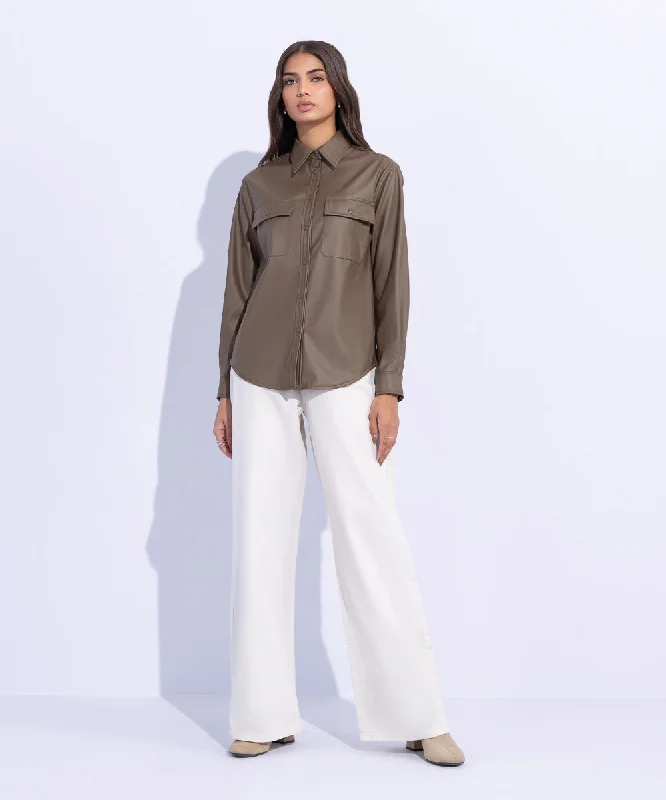 Faux Leather Overshirt-- Mesh Canvas Denim