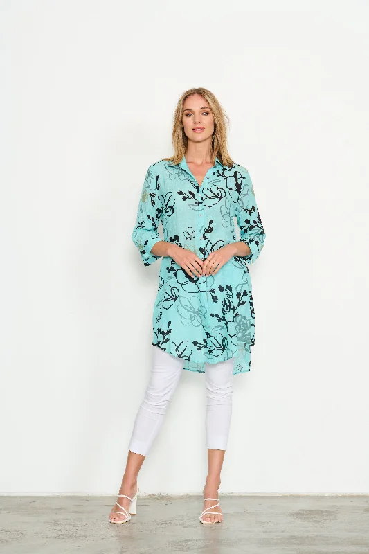 HOLMES & FALLON | Printed Shirt w/scoop Hem-- Collared Crew Neck Turtle Neck