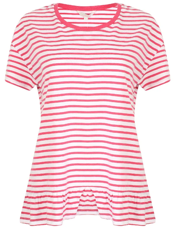 Topaz Striped Frill Hem Cotton T-Shirt In Carmine - Amara Reya-- Spandex Blend Rayon Blend Denim Blend