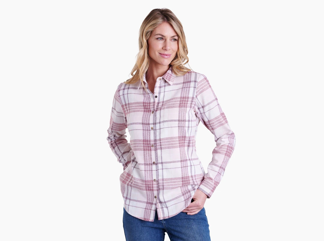Women's KÜHL | Kamila Flannel Shirt | Cherry Blossom-- Hooded Caped Shawl Collar