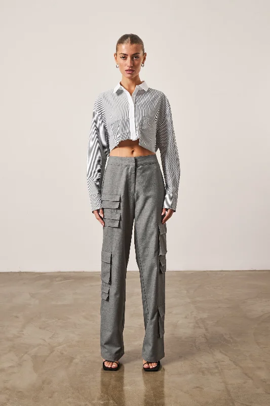 SPLICED MIXED STRIPE CROPPED SHIRT - GREY-- Striped Floral Plaid