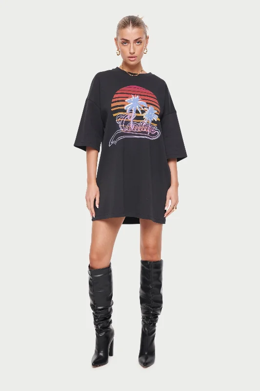 NEON GRAPHIC T-SHIRT DRESS - BLACK *-- Cotton Fabric Linen Fabric Terry Fabric