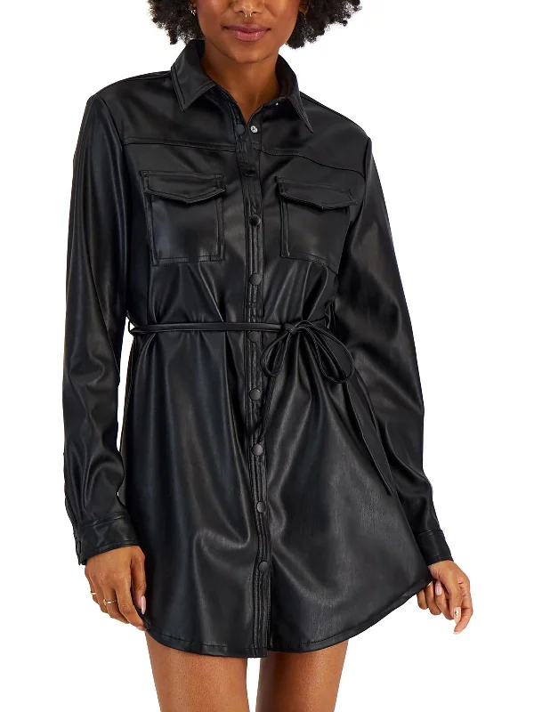 Womens Faux Leather Snap Front Shirtdress-- Fleece Fabric Down Fabric Feather Fabric