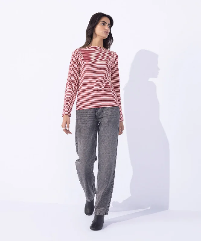 Slash Neck Striped T-Shirt-- Lace Blend Ribbed Blend Corduroy Blend