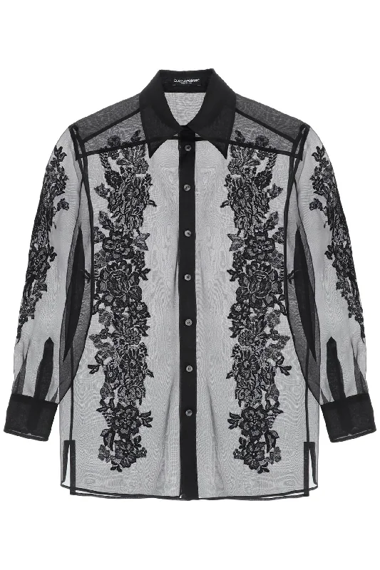 Dolce & Gabbana Women's Organza Shirt With Lace Inserts-- Sequined Glittery Shiny