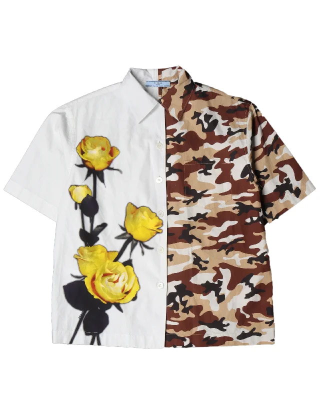 Rose and Camo Split Button Up Shirt-- Welt Pockets Slit Pockets Flap Pockets